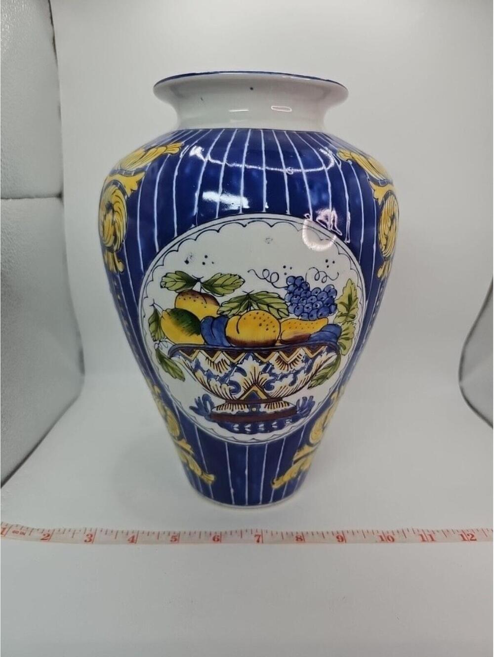 Vintage Porcelain Hand Painted Enamel Fruit Basket Decoration Large Vase 10"